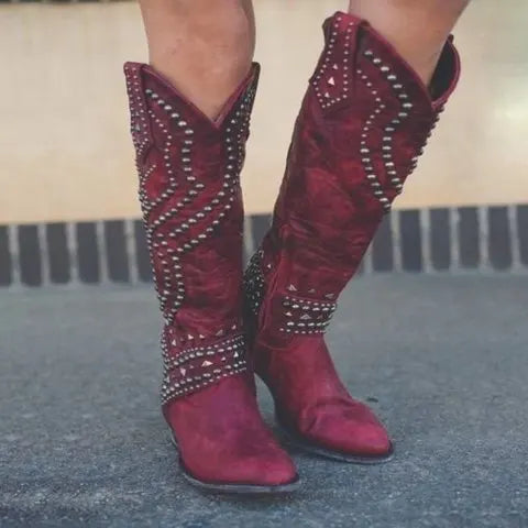 Riveted Western Pointed Toe Knee High Boots For Women