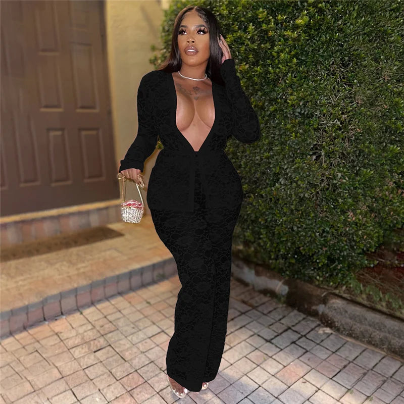 Sexy Lace Sheer Open Stitch Two Piece Set for Women