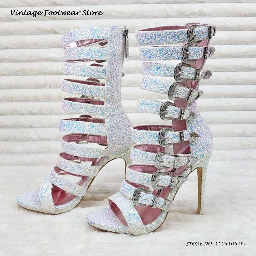 Glittering Sequined Open Toe Thin Heel Sandals for Women