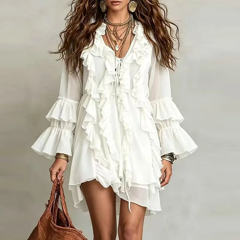 V-Neck Lace-Up Ruffle Bell Sleeve Mini Dress for Women
