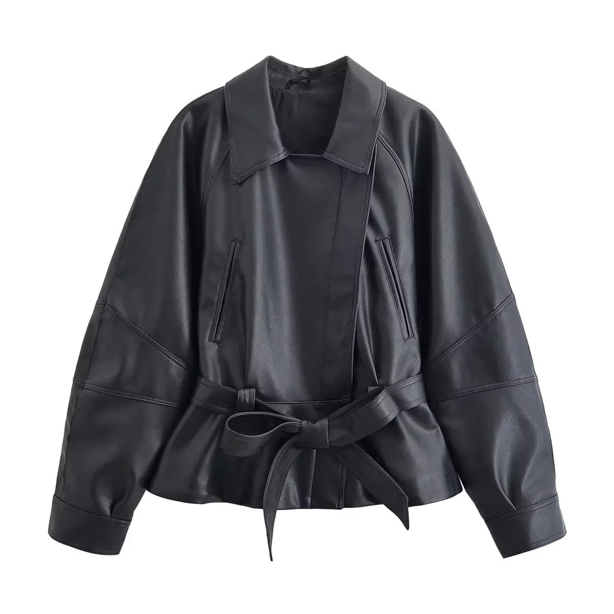 Vintage Black Belted Faux Leather Jacket for Women