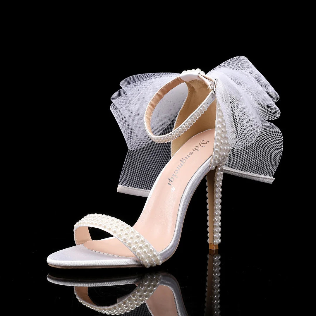 Elegant Pearl Beaded Mesh Bowknot Sandals for Women
