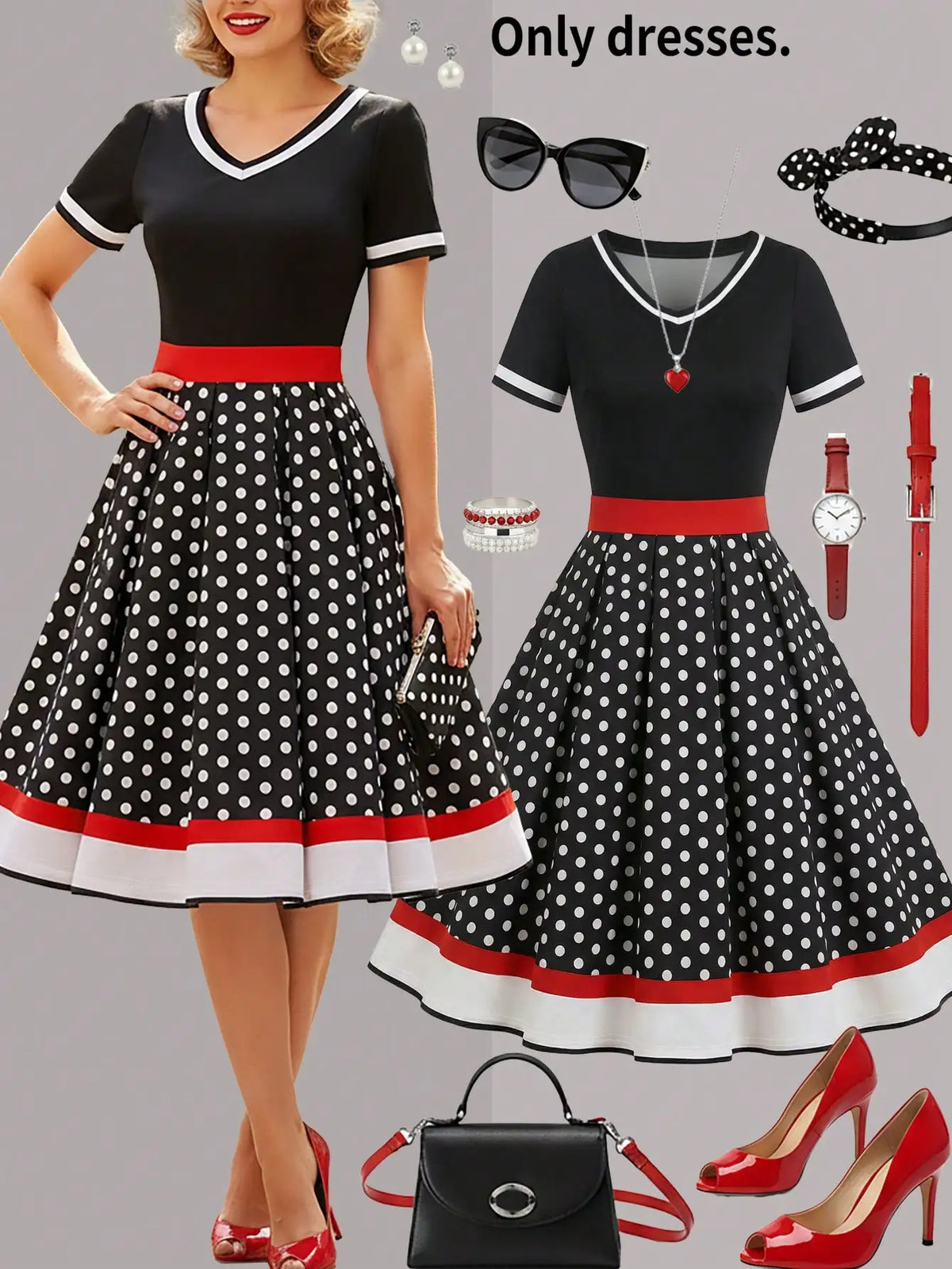 Women's Retro Black And White Polka Dot Midi Dress With Elegant V Neck Short Sleeves And Flared A Line Skirt Sleeve Polka Dot Pleated Dress For