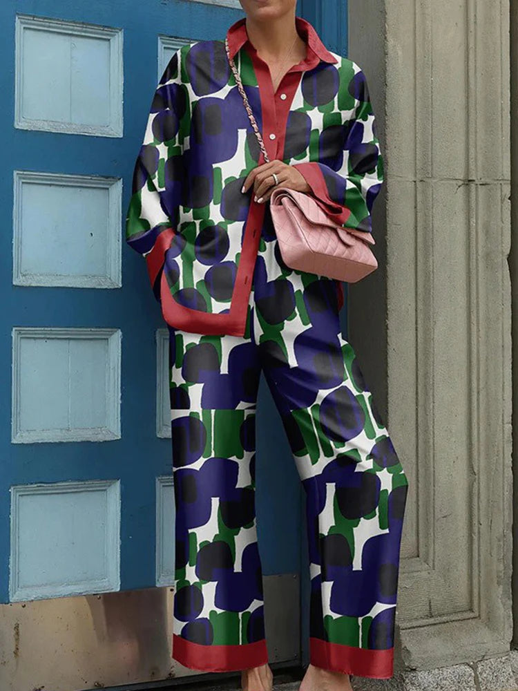 Vintage Printed Two Piece Trouser Suit Set for Women