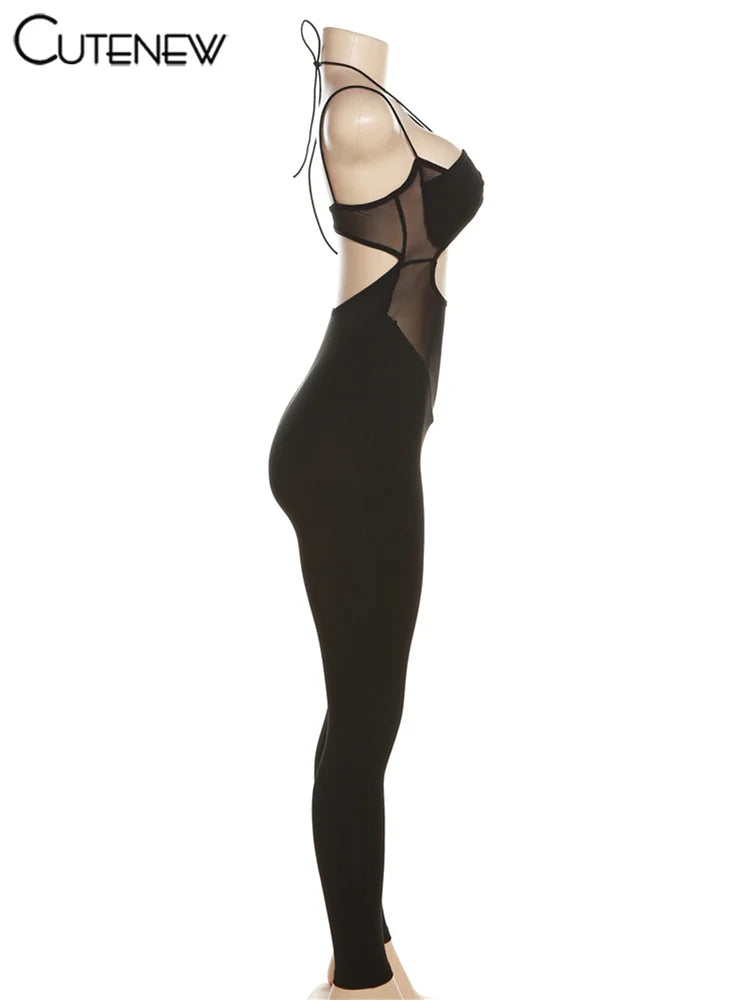 Cutenew Women's Solid Mesh Casual Jumpsuit Spaghetti Strap Body-shaping Romper Overall Female One-piece Pants Fashion Streetwear