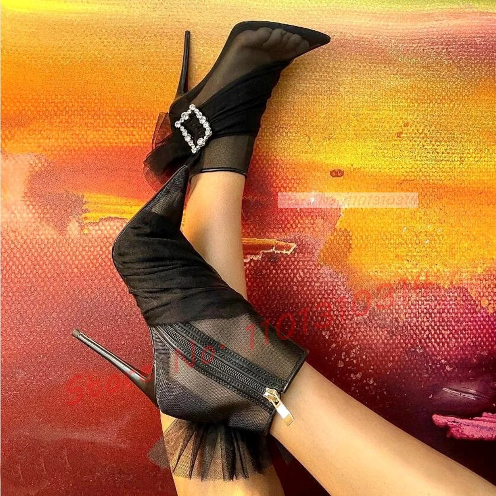 See Through Mesh Crystal Buckle Ankle Booties for Women