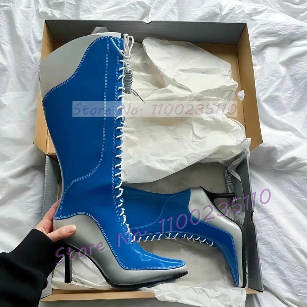 Blue Patent Leather Pointy Toe Knee High Boots for Women