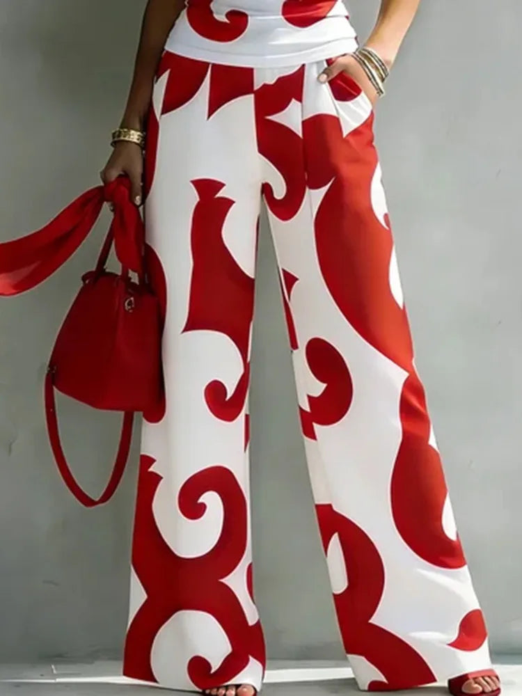 Bonboho Women's Boho Red White Abstract Swirl Print Pants High Waisted Pleated Wide Leg Trousers 2026 Vacation Outfit for Summer