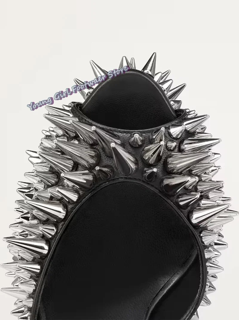 Black Rivet Decorated Spiked Platform Sandals for Women