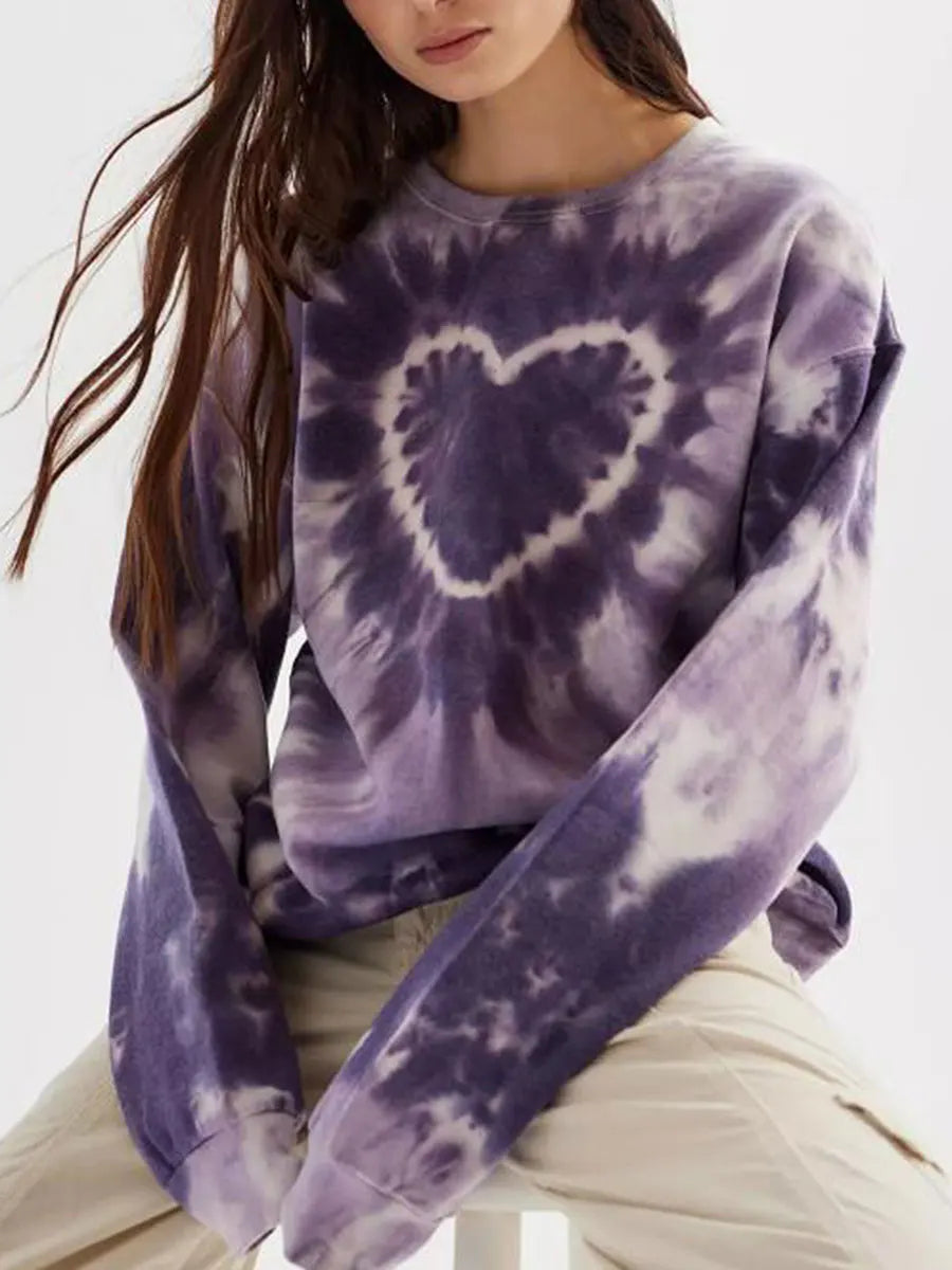 Women's Spring and Autumn Loose Heart Tie Dye Round Neck Sweatshirt Long Sleeve Heart Tie Dye Printed Round Neck Sweatshirt