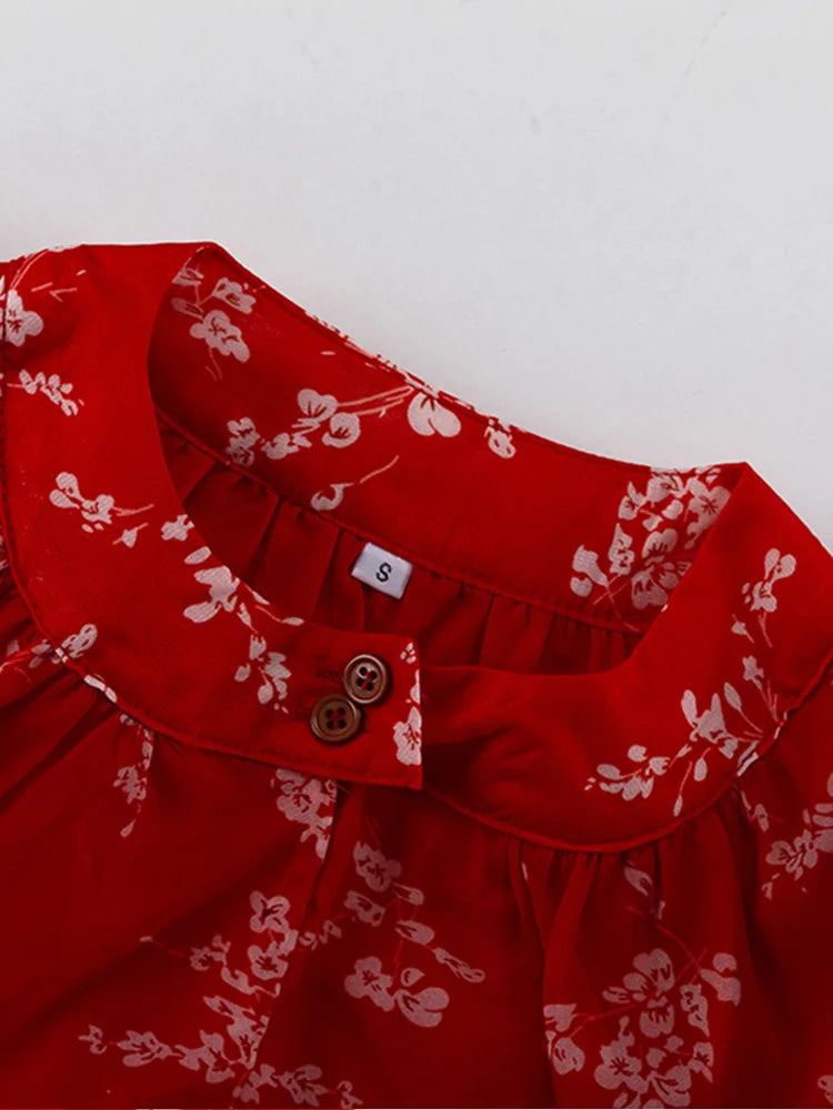 Red Print Butterfly Sleeve Hollow Out Skirt Set for Women