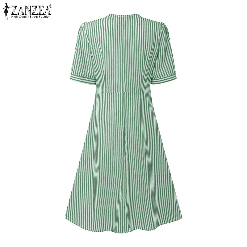 ZANZEA Women Elegant Striped Midi Dresses 2025 Summer Fashion V-Neck Short Puff Sleeve Fitted Waist A-Line Robes Femme Korean