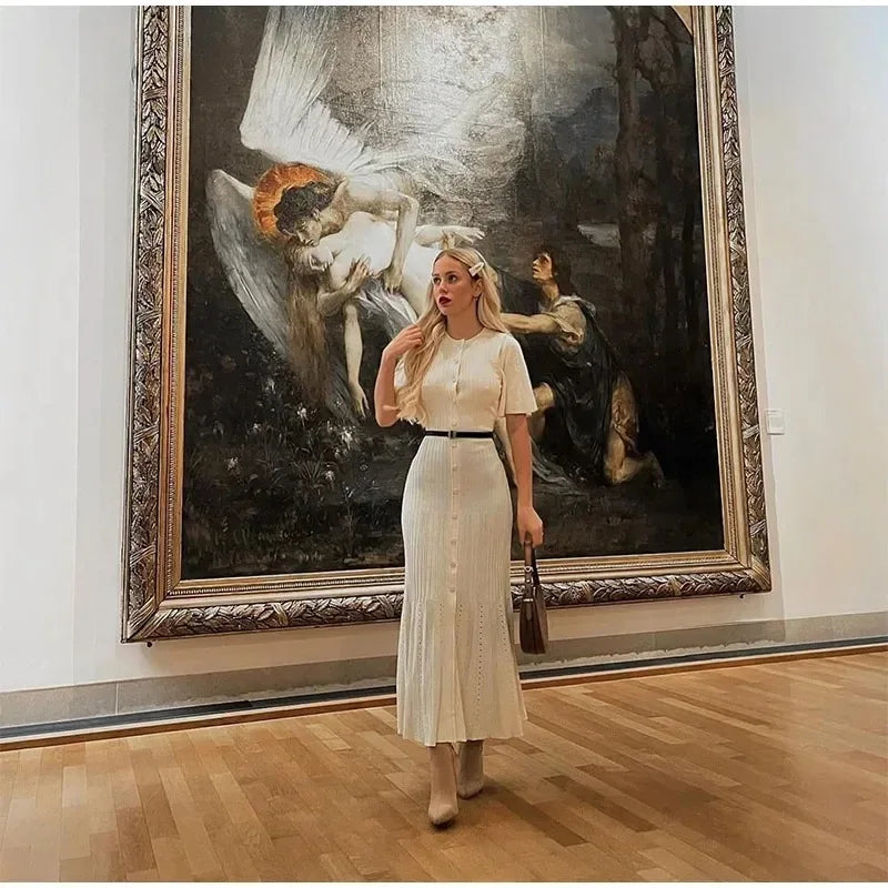 Elegant Pleated Hem Street Fashion O Neck Bell Sleeve Slim Knit Midi Dress 2025 Women Summer Beach Swimsuit Cover Up Tunic A3055