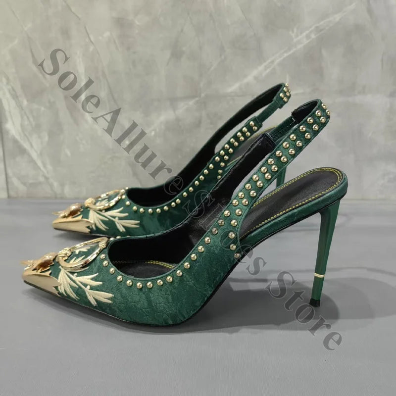Ornate Gold Studded Emerald Jacquard Slingback Heels For Women