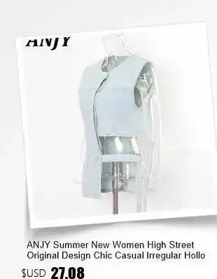 ANJY Summer New Women's Tide High Street Y2K Chic Trendy Sleeveless Halter Neck Backless Waist Cinching Zipper Denim Dress A8053