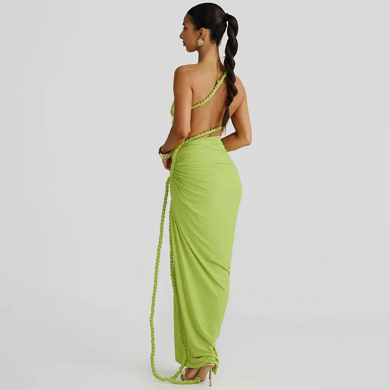 BOOFEENAA Asymmetrical Ruched Backless High Split Long Dresses 2025 Woman Summer Dress Elegant Sexy Vacation Outfits C70-FD75