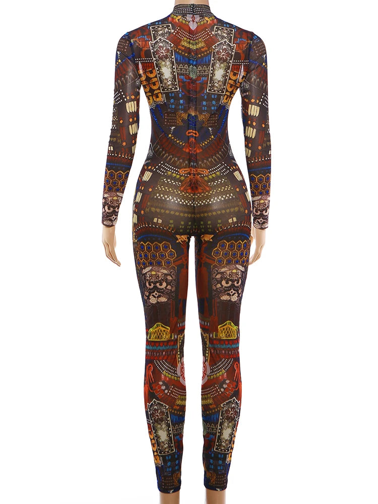 Midnight Stretch See Through Round Neck Zip Jumpsuit for Women