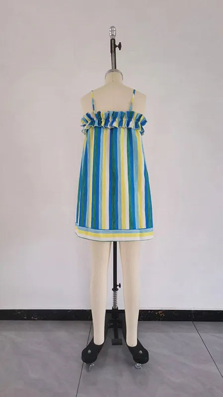 Lightweight Thin Strap Ruffle Trim Striped Mini Dress for Women