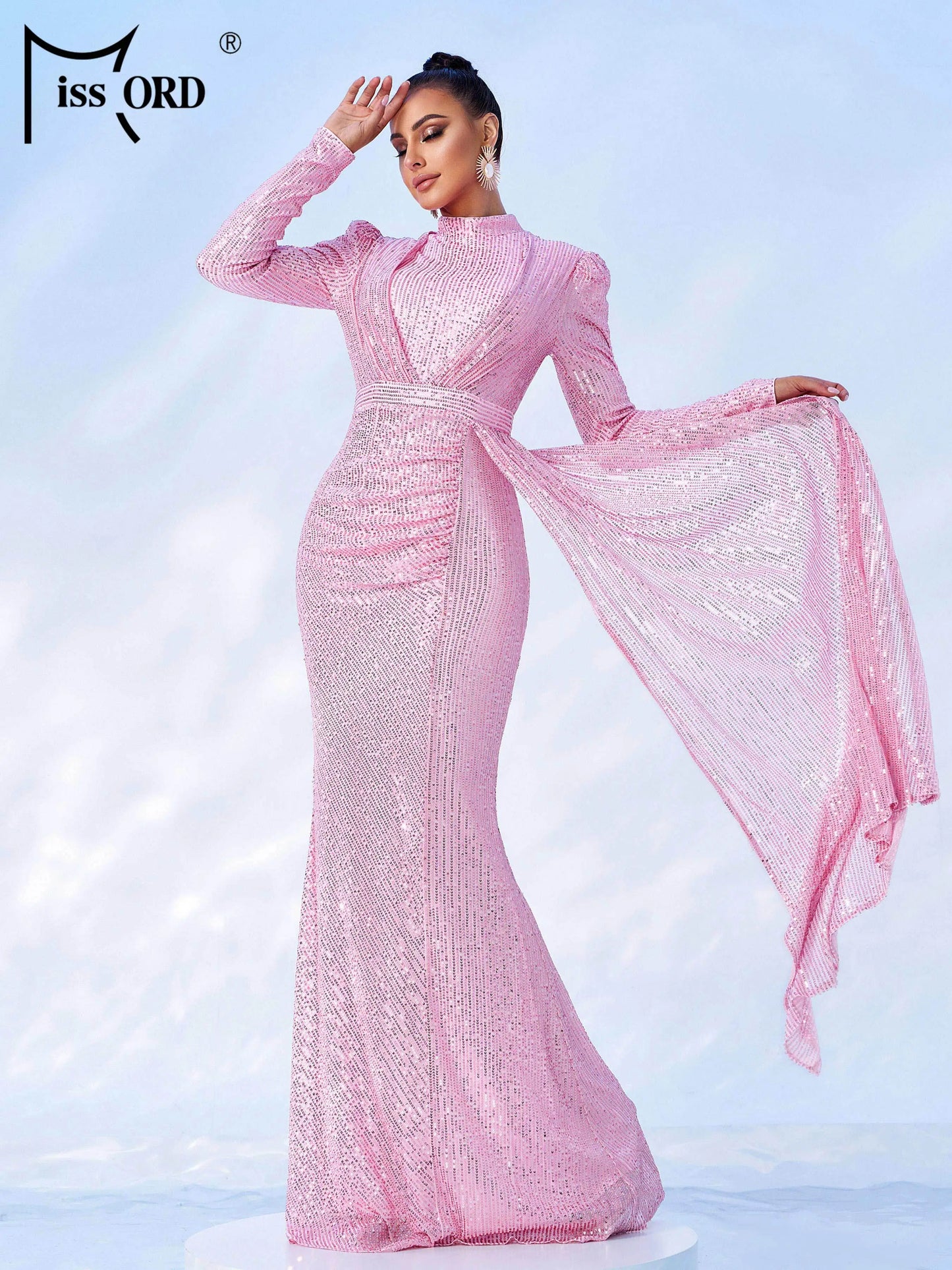 Missord Round Neck Long Sleeved Sequin Mermaid Evening Fashionable Exquisite Cocktail Prom Dress