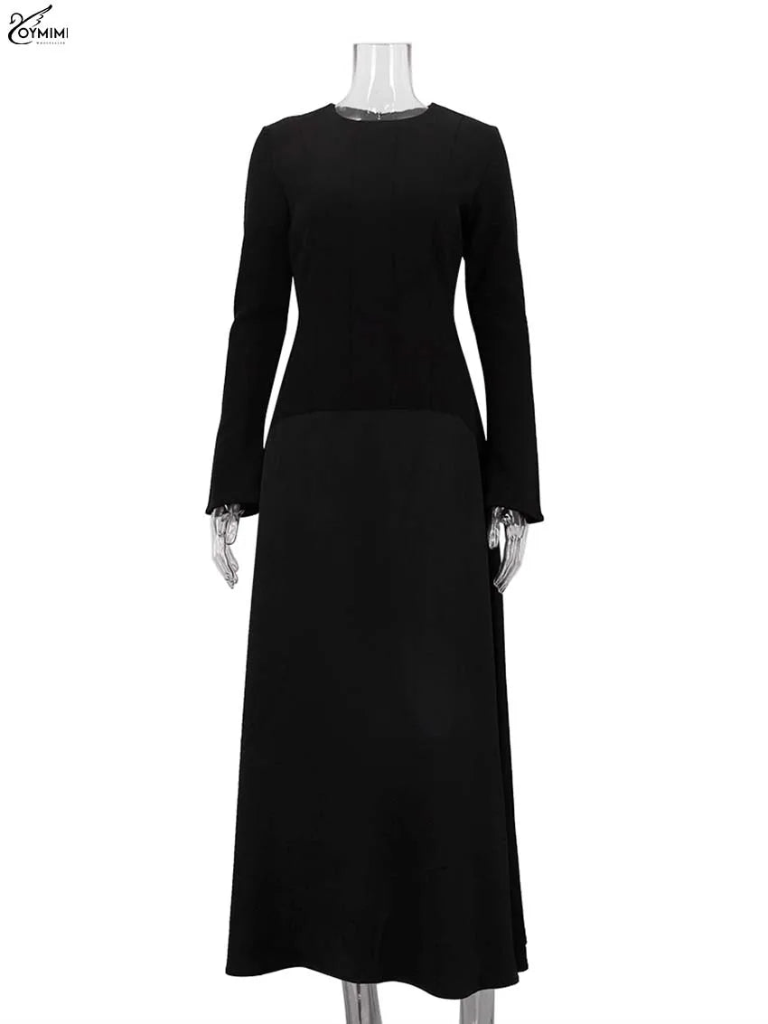 Oymimi Elegant Black O-Neck Womens Dresses Fashion Long Sleeve Patchwork Slim Dresses Casual New Straight Ankle-Length Dress