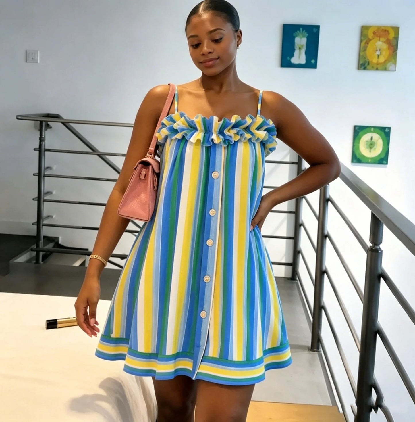 Lightweight Thin Strap Ruffle Trim Striped Mini Dress for Women