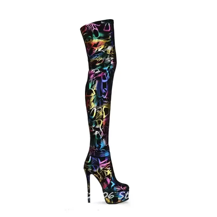 Colorful Graffiti Print Thigh High Platform Boots for Women