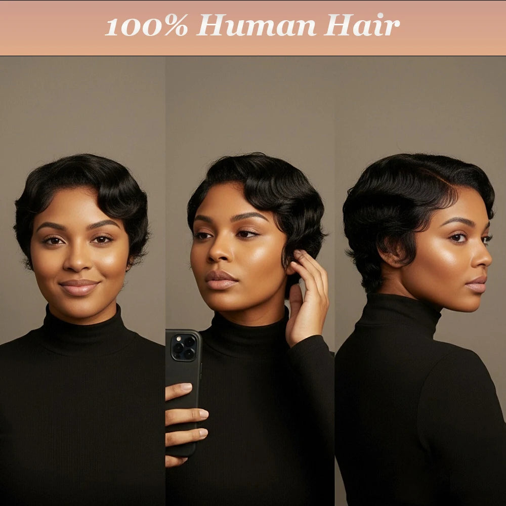 Short Finger Wave Premium Remy Human Hair Wig for Women