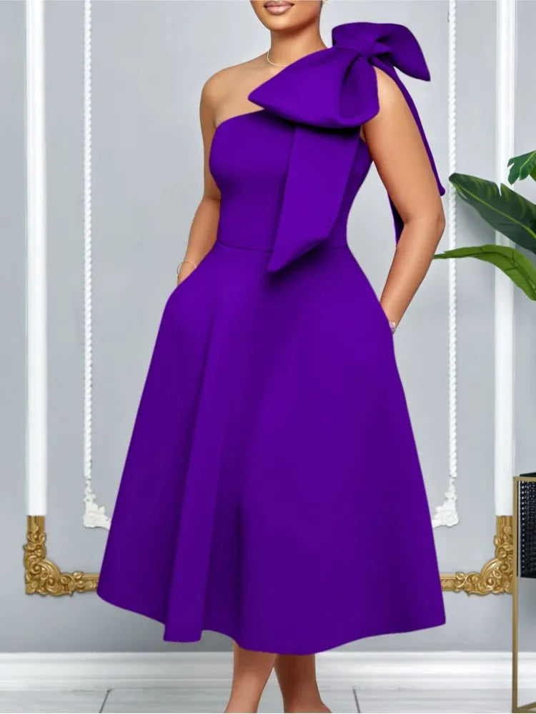 Dress One Shoulder A Line Pleated Knee Length Sleeveless Bow Belt Elegant Party Style