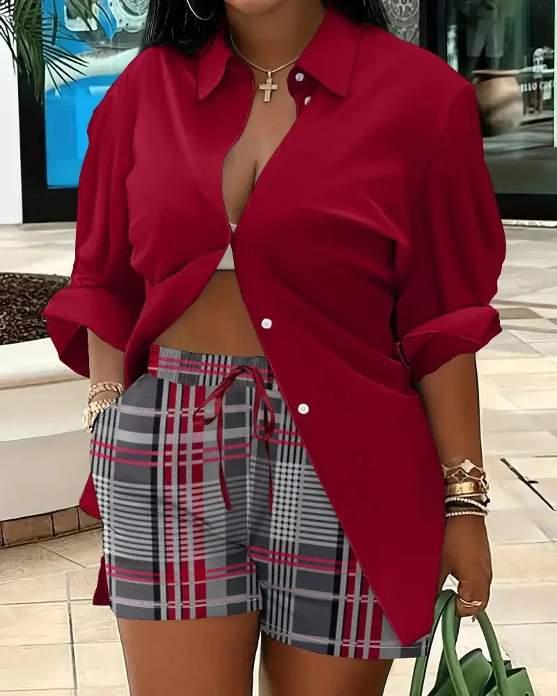Casual Geometric Print Shirt Shorts Two Piece Set for Women