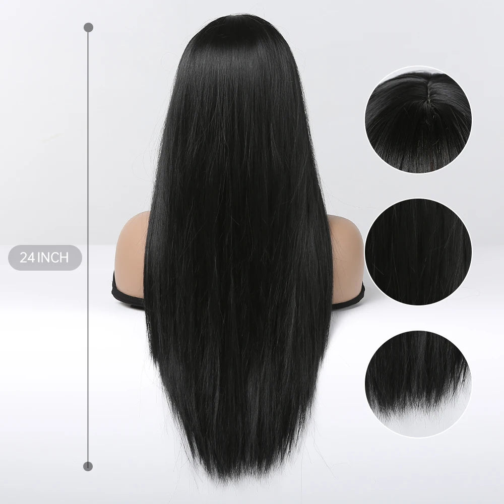 Long Straight Black Synthetic Wig With Bangs for Women