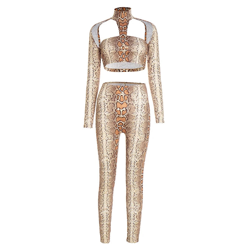 Snake Print Backless Crop Top and Leggings Two-Piece Set for Women