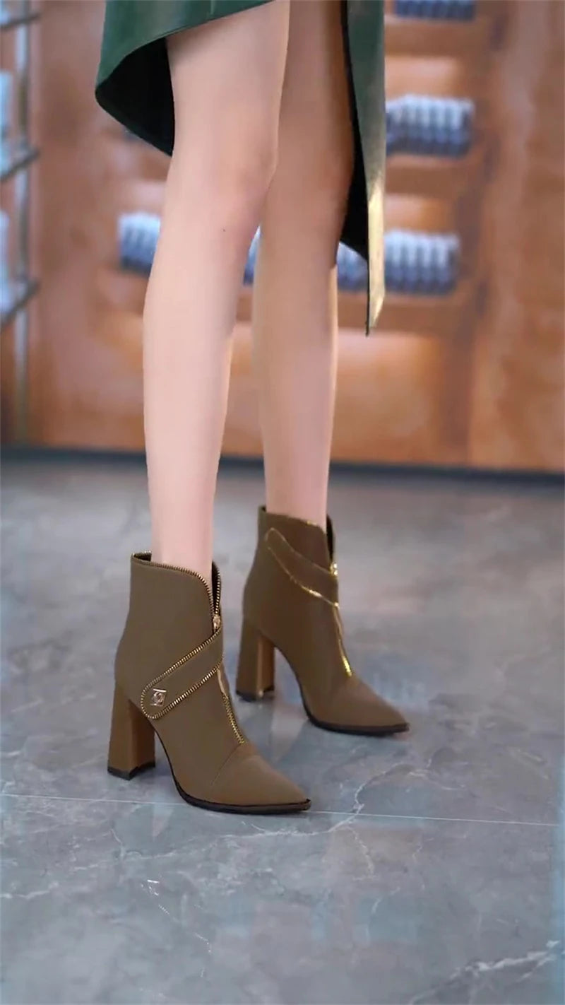 Chunky Heel Pointed Toe Front Zipper Ankle Boots for Women