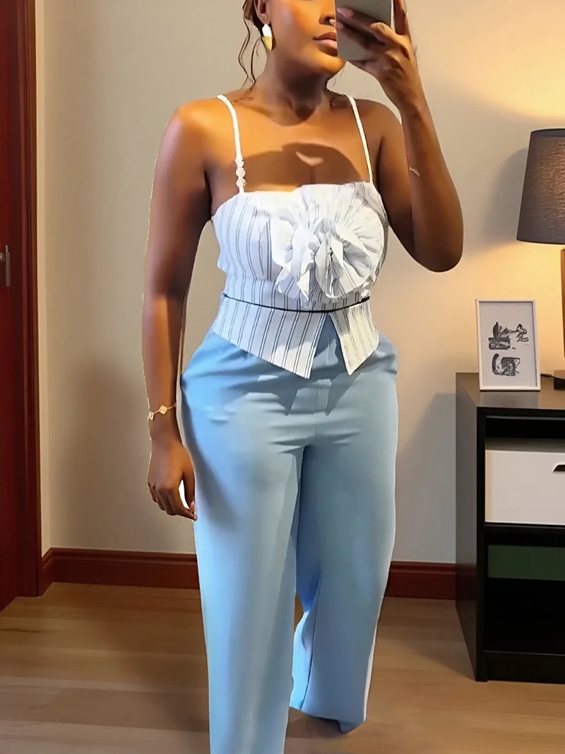 CM.YAYA Fashion Women's Set Striped Strap Floral Applique Crop Top and Wide Leg Pants Suit 2025 Two 2Piece Sets Outfit Tracksuit