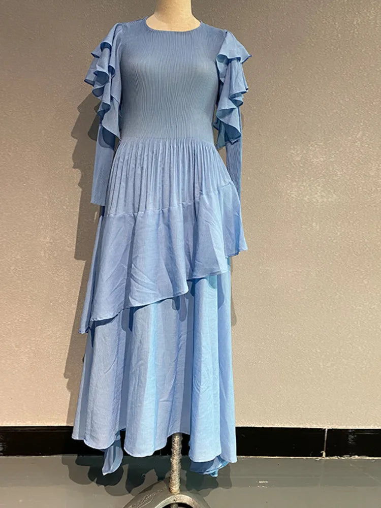 Pleated Tiered Long Sleeve Maxi Dress