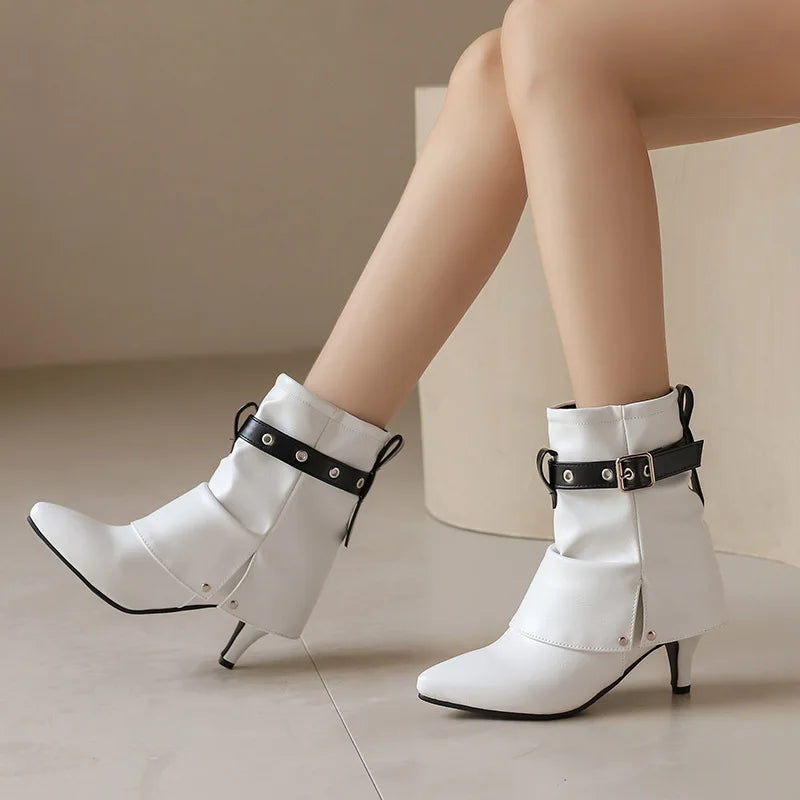 Western Style Denim Autumn Pointy Toe Ankle Boots With Belt Buckle for Women