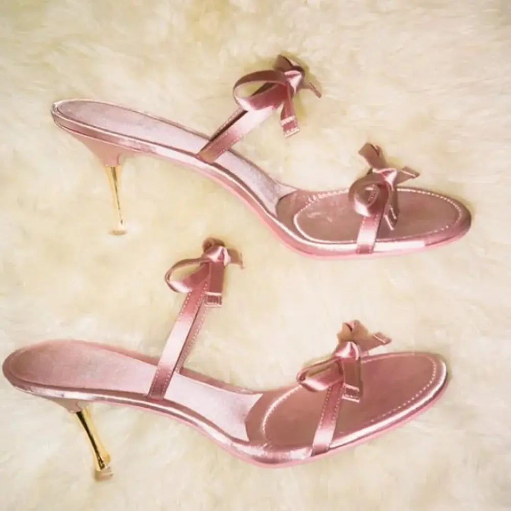 Blush Satin Gold Bow Stiletto Mules