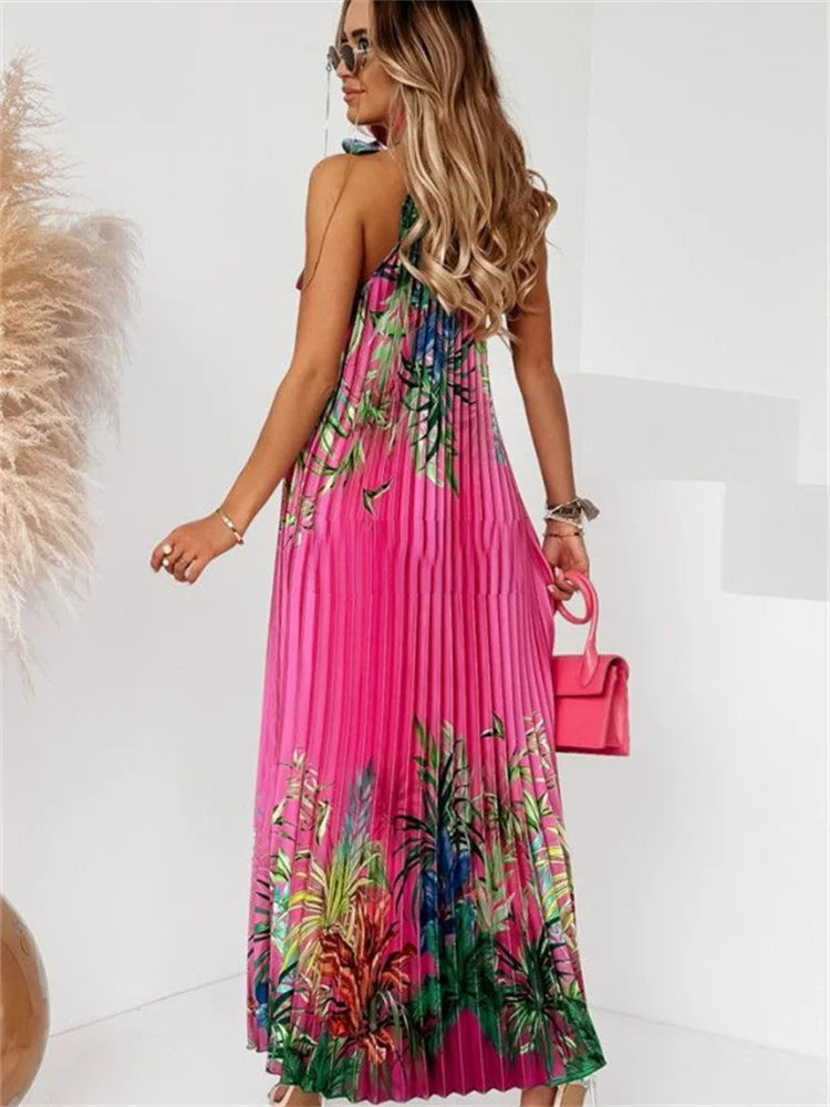 Wmstar Women Dress Lady Casual Loose Halter Pleated Maxi Fashion Leaf Print Sleeveless Beach Boho Elegant Halter Long Dresses