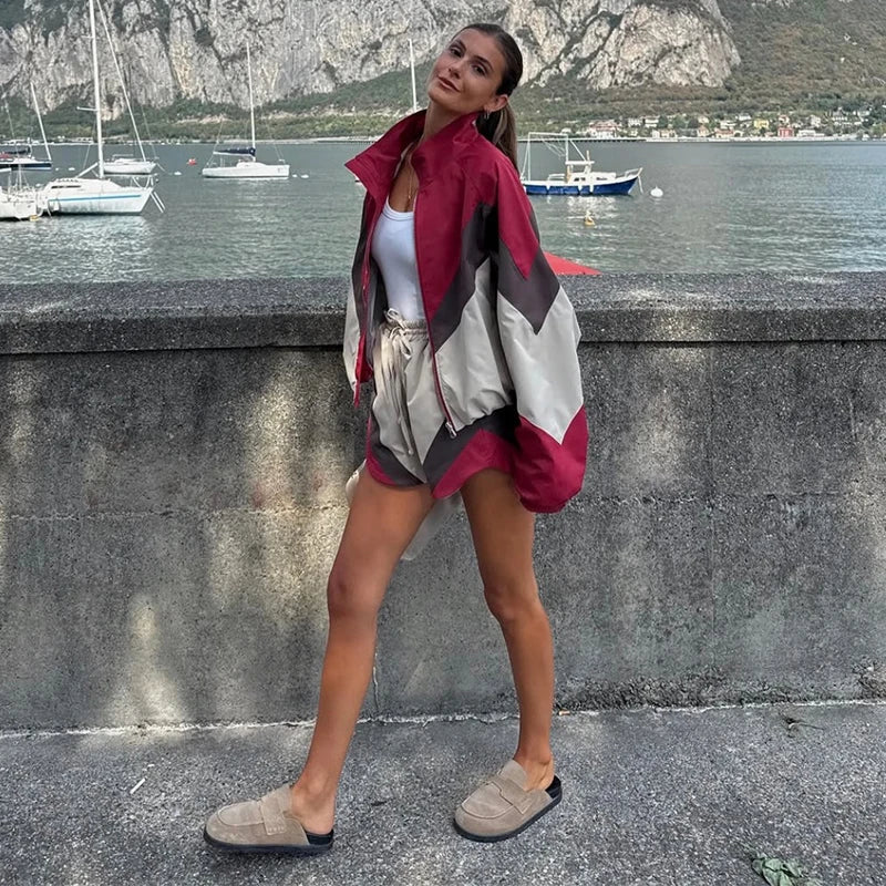 Contrast Color Zip Jacket and Shorts Two Piece Set for Women