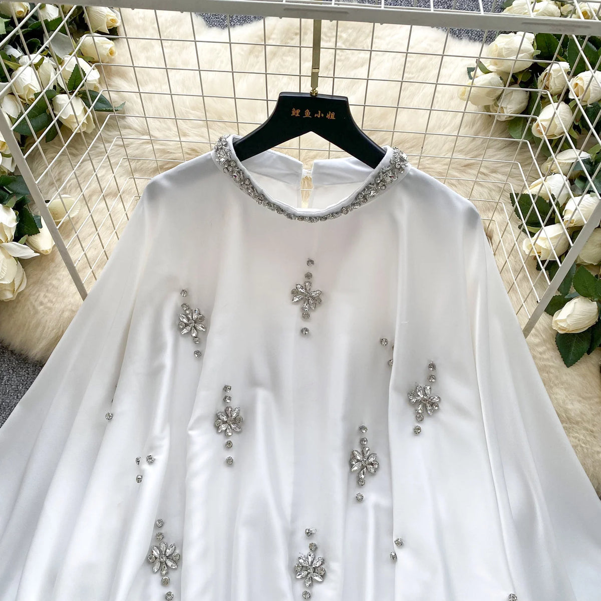 Elegant Beaded Satin Batwing Sleeve Blouse for Women