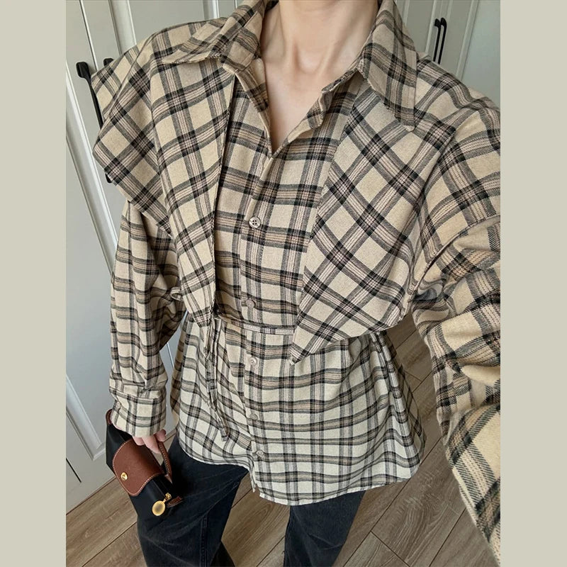 Elegant Plaid Patchwork Long Sleeve Shirt for Women
