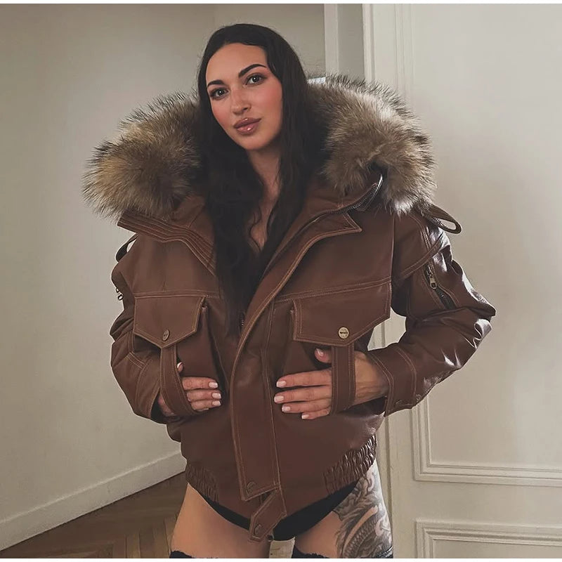 Fur Collar Women 's Leather Jackets Vintage Hooded Zipper Pockets Full Sleeve Jackets Lady 2025 New Woman Winter Coats Outwears
