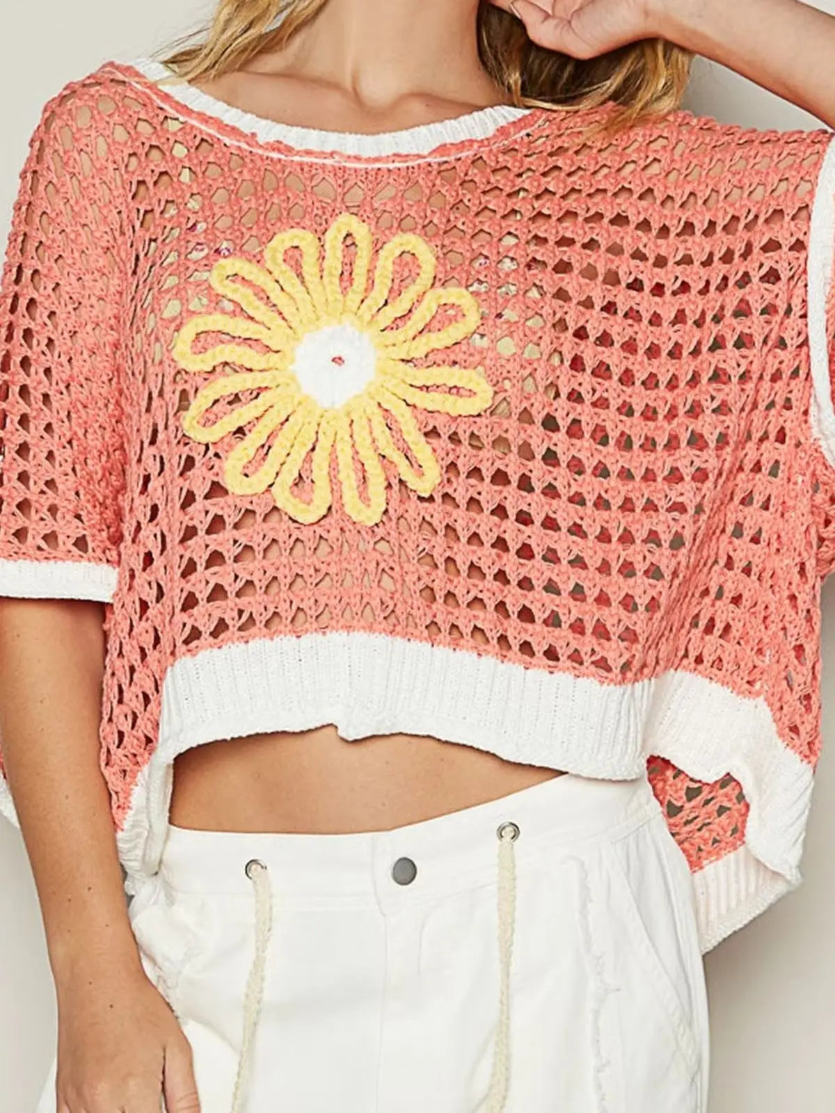 Casual Crochet Hollow Out Daisy Embroidery Top for Women