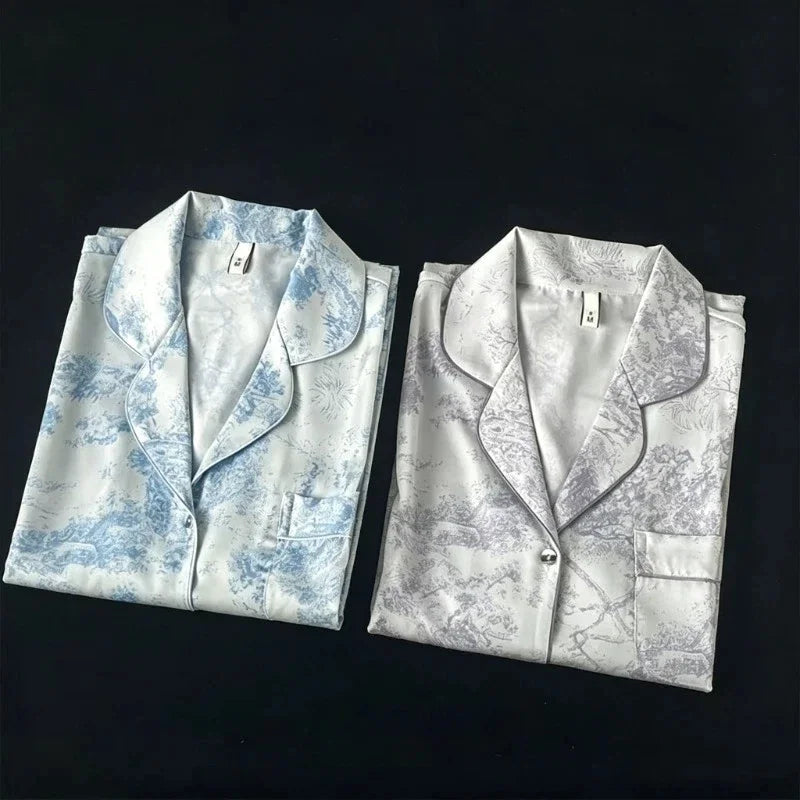 Women's Home Clothes Lapel Button Cardigan 2 Piece Outfit Set Women Printing Pajamas for Women Autumn Winter New Ice Silk