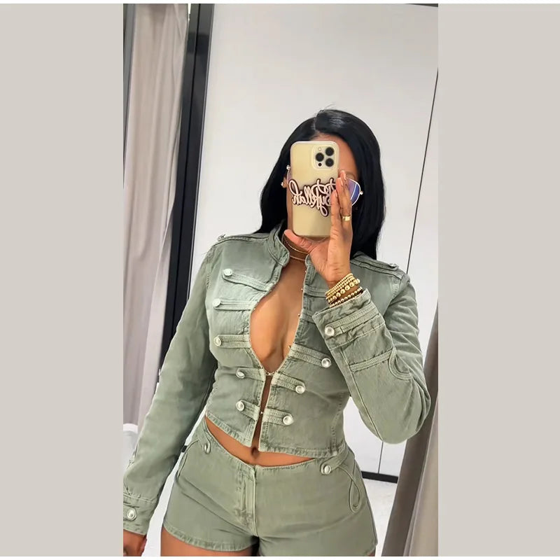 Elegant Slim Fit Stand Collar Denim Jacket Set for Women