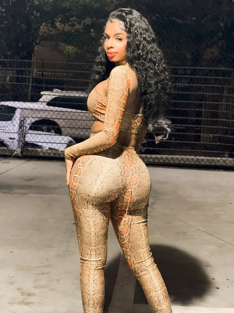 Snake Print Backless Crop Top and Leggings Two-Piece Set for Women
