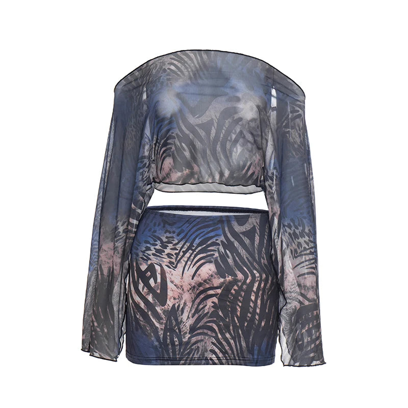 Tiger Striped Mesh Crop Top and Peach Hip Skirt Two Piece Set for Women