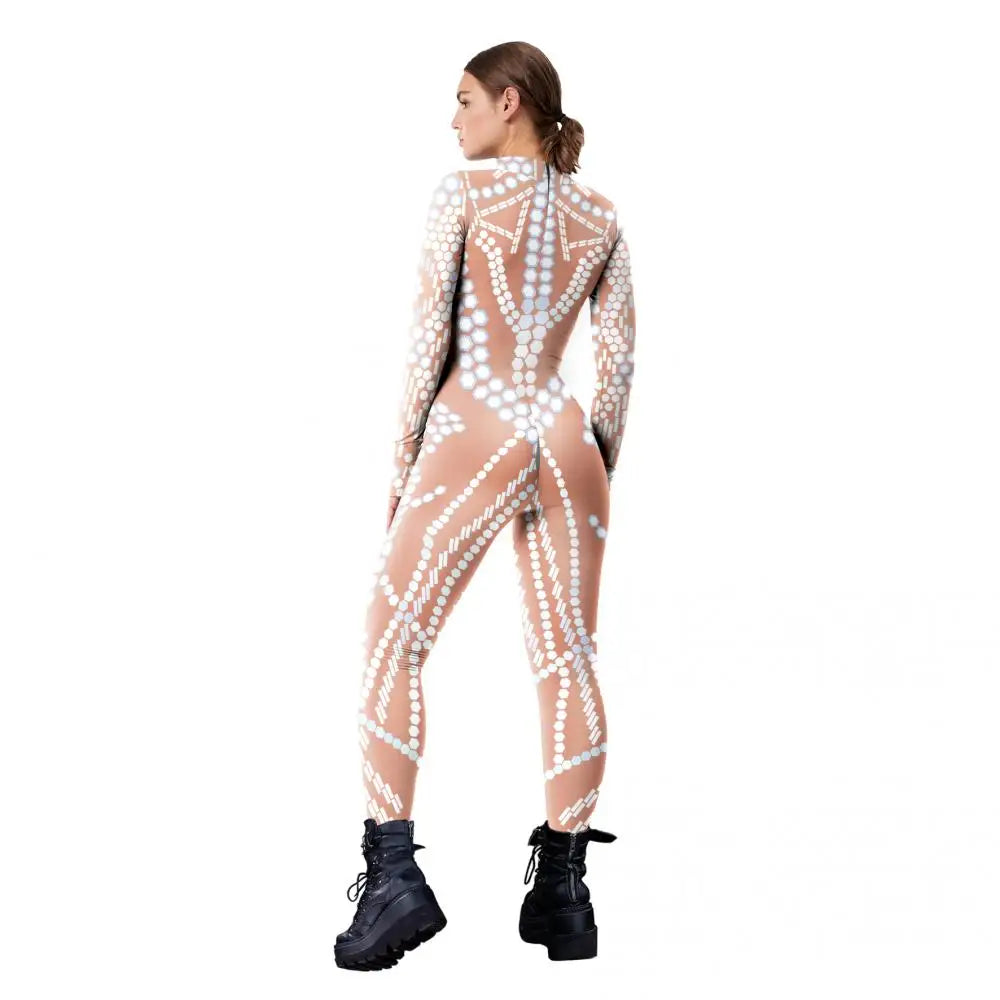 Elegant Skin Color Rhinestone Print Jumpsuit for Women