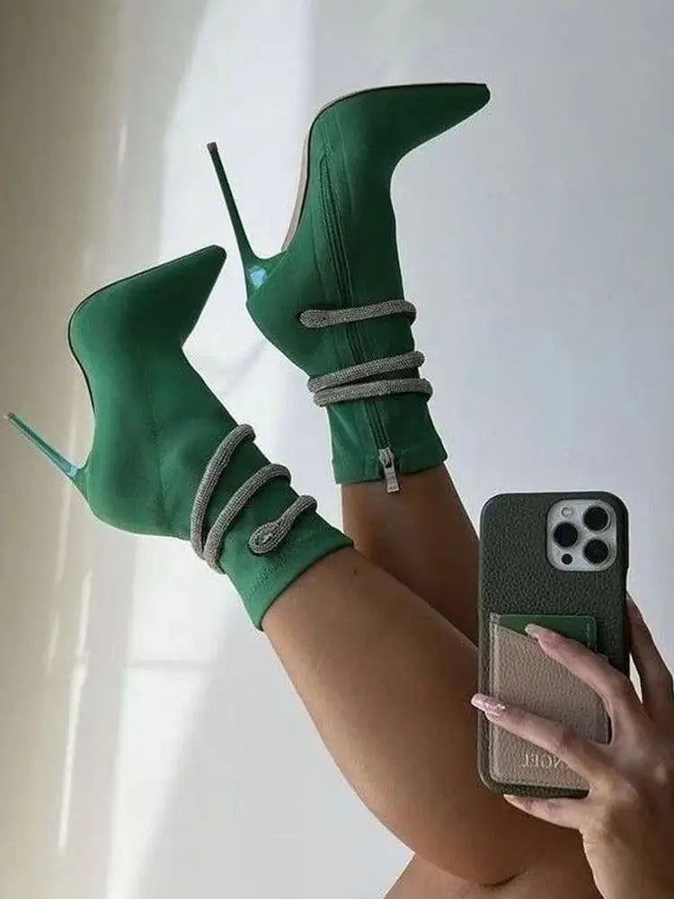 Green Suede Pointed Toe Ankle Boots With Silver Snake Wraps For Women