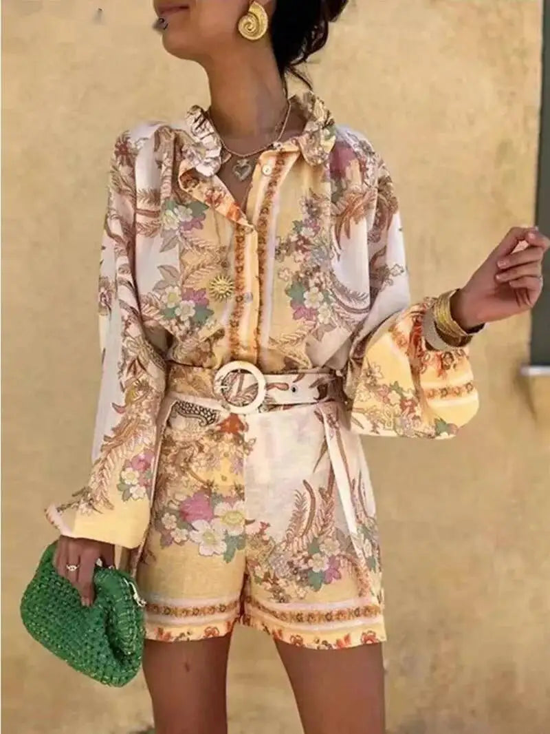 Loose Stand Collar Lantern Sleeve Top and Shorts Set for Women