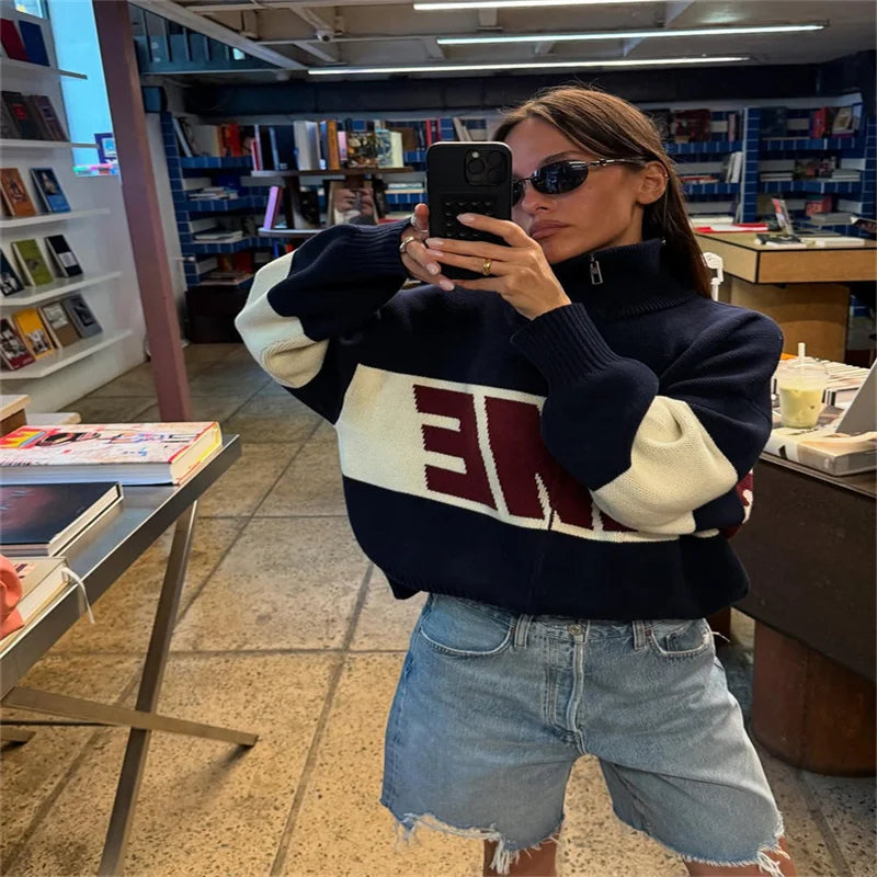 Letter Women 's Sweater Stand Collar Y2k Knit Sweaters For Woman Zipper Full Sleeve Tops Female 2025 Winter Men Jacket Knitwear